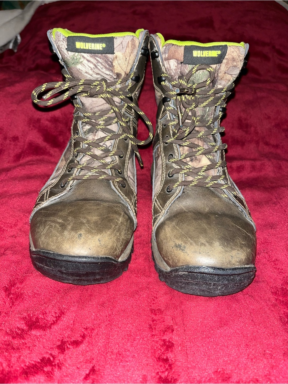 Wolverine Brown Camo Work Boots with Neon Yellow Trim